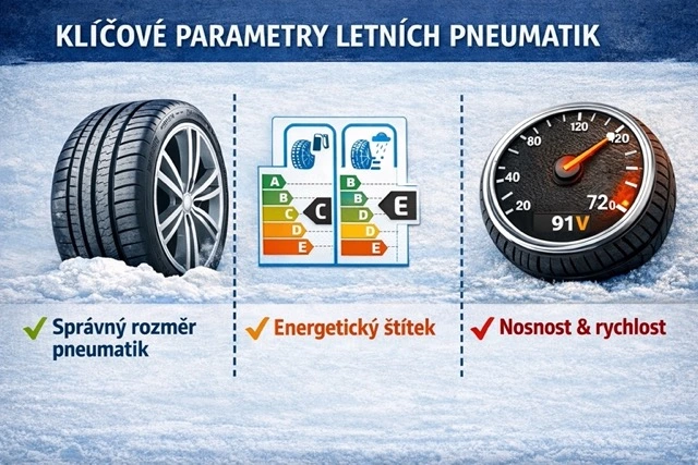 Klíčové parametry výběru letních pneumatik – správný rozměr, energetický štítek a nosnost.