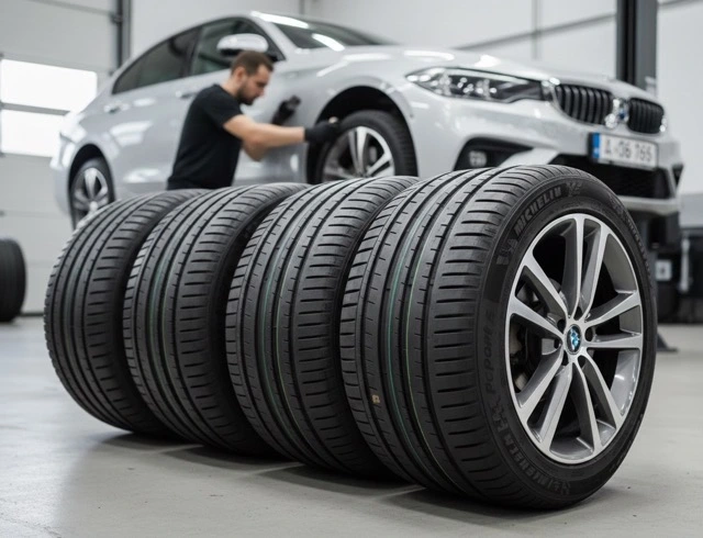 Sada nových letních pneumatik připravených k montáži na osobní auto v autoservisu. Přezutí auta na letní pneumatiky v pneuservisu.